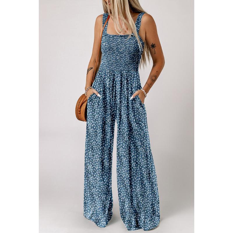 Dames Bloemen Wide-Leg Jumpsuit met Gerimpelde Bovenkant en Zakken