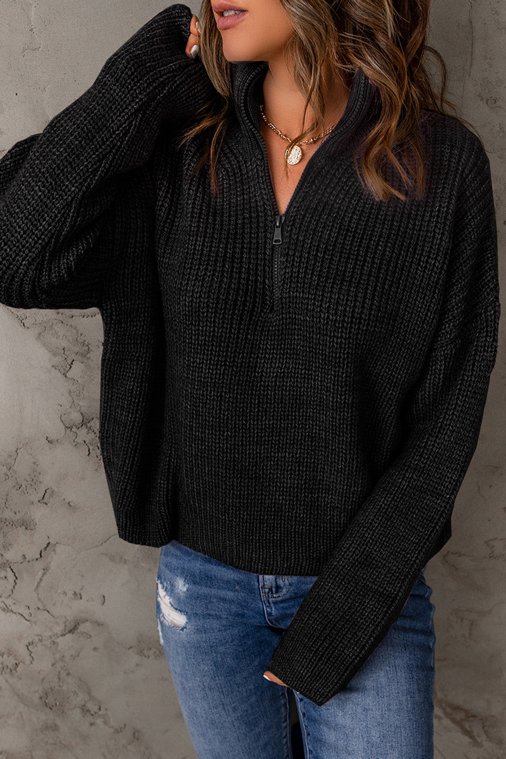 Dames Half Zip Rib-Knit Trui | Verlaagde Schouder | Hoge Hals