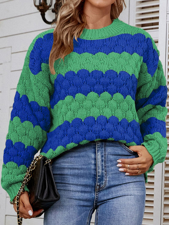 Dames Trui | Gestreept Design met Geribbelde Afwerking | Lange Pasvorm en Verlaagde Schouders