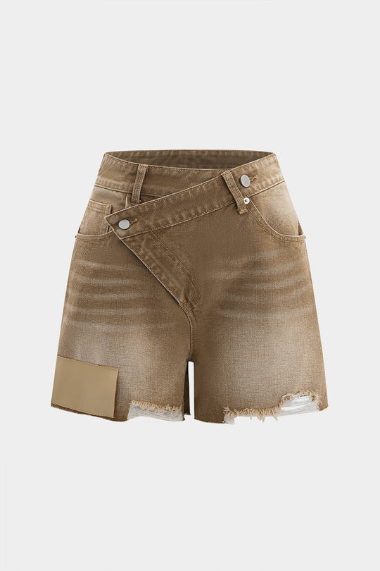 Denim Asymmetrische Knopzak Gescheurde Shorts