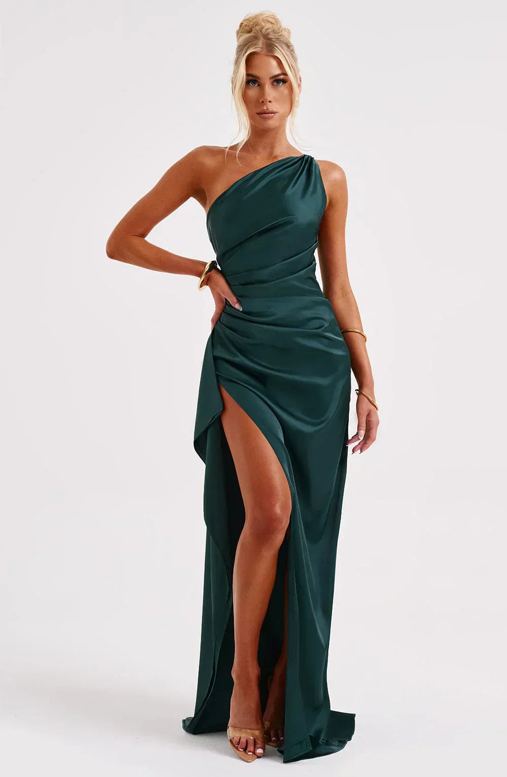 Elara - Luxe Satijnen One-Shoulder Splitjurk