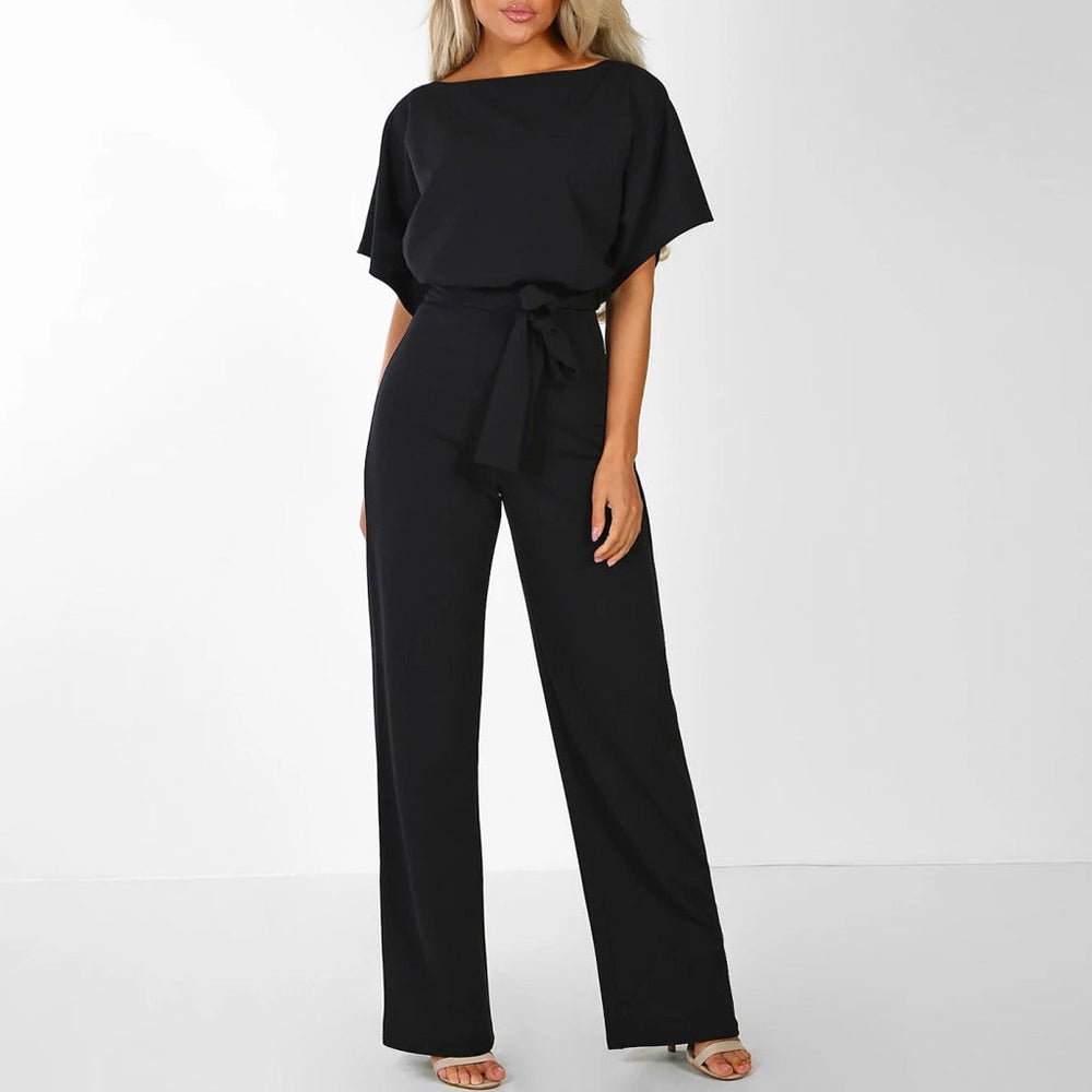 Elegante Dames Jumpsuit met Ceintuur en Wijde Pijpen en Korte Mouwen