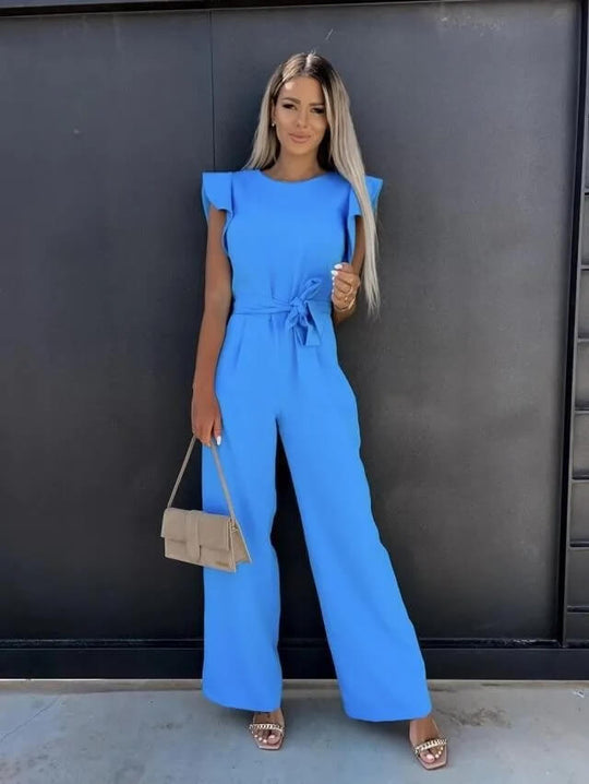 Elegante Dames Jumpsuit met Strikceintuur – Comfortabele Zomeroutfit met Volle Pijpen