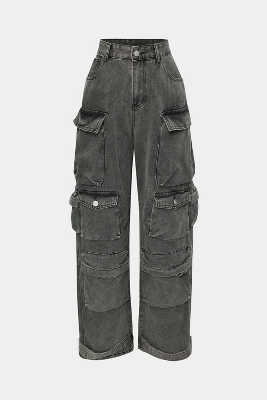 Multi Pocket Rolrand Wijde Pijpen Cargo Jeans