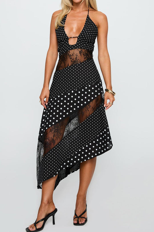 Chiffon Polka Dot Print Kant Patchwork Asymmetrische V-hals Halter Nek Mouwloze Midi Jurk