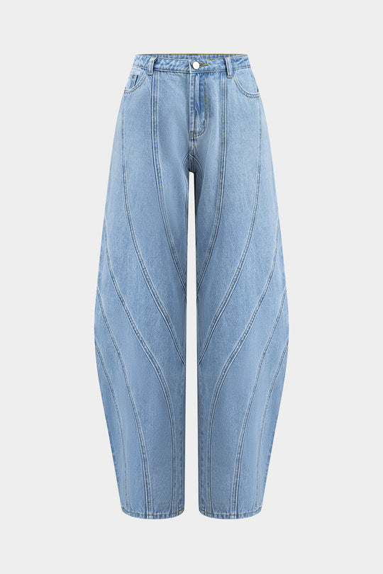 Denim Patchwork Knop Pocket Wijde Pijpen Barrel Broek