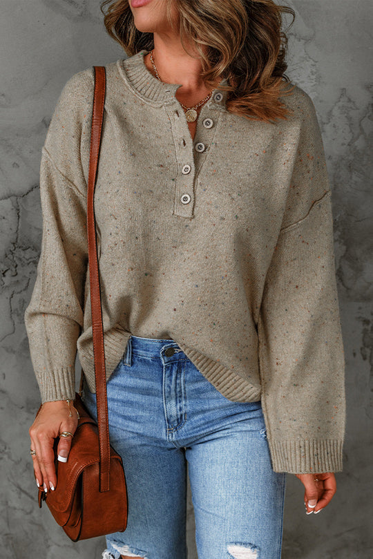 Kleurrijke Exposed Seam Henley Trui | Geribbelde Trui met Knopen | Casual & Chic Lange Mouwen