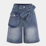 Denim Pocket Riem Asymmetrische Shorts