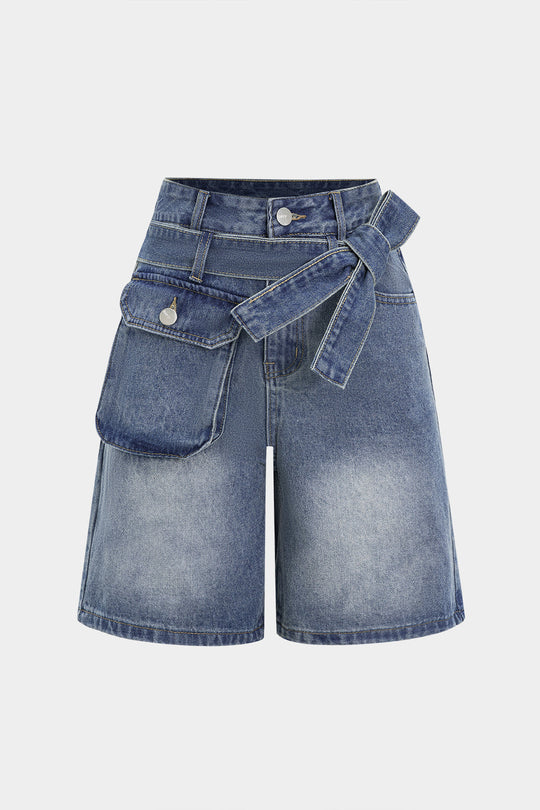 Denim Pocket Riem Asymmetrische Shorts
