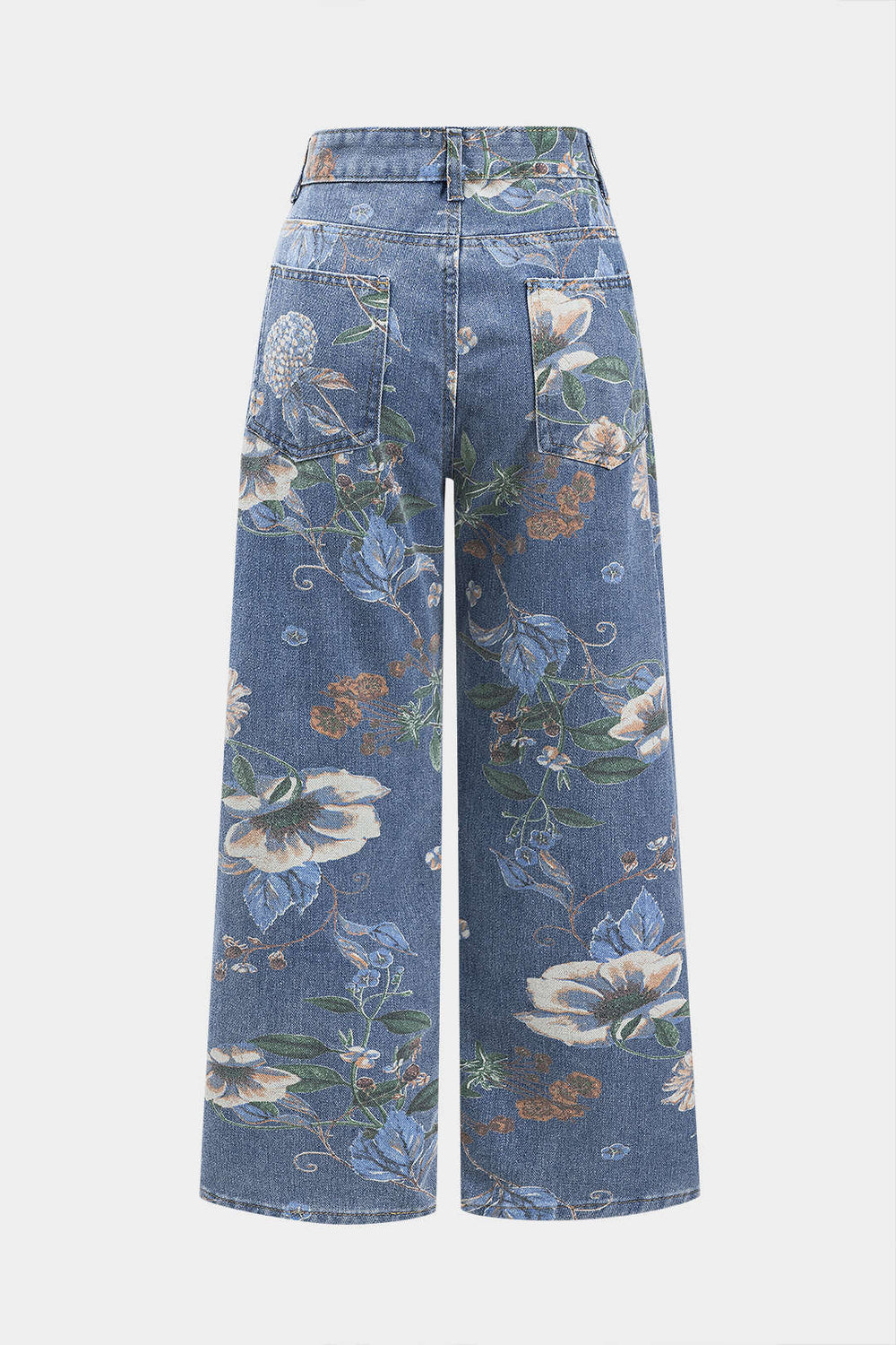 Retro Bloemenprint Denim Knopenzak Brede Pijpen Jeans