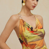 Abstracte Print Halter Cowl Neck Split Mini Jurk