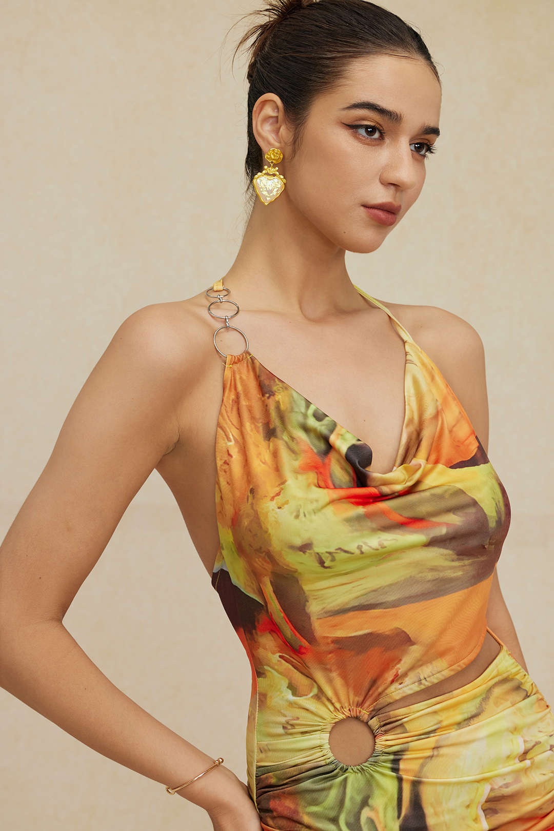Abstracte Print Halter Cowl Neck Split Mini Jurk