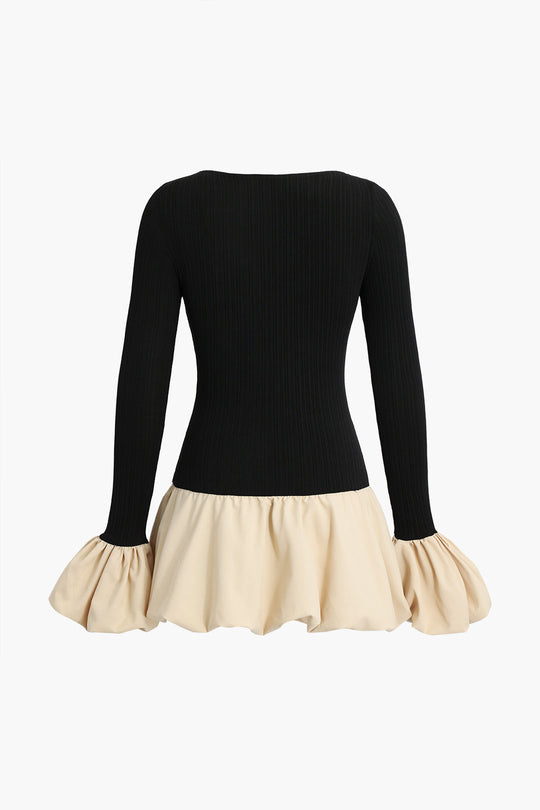 Puff Sleeve Patchwork Lange Mouw Mini Jurk