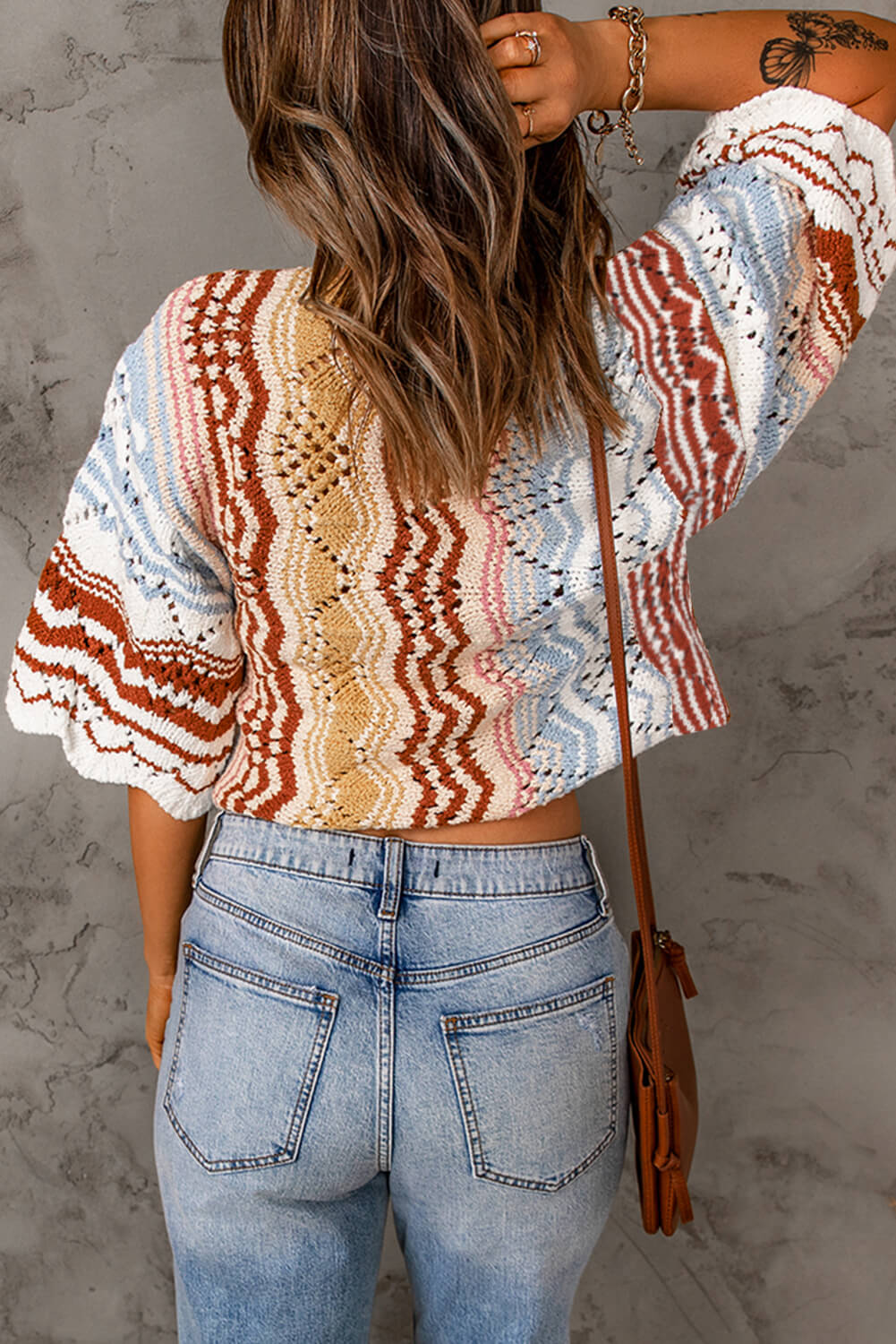 Multikleurige Chevron Stripe Open Werk Cropped Trui | Halve Mouwen | Verlaagde Schouders