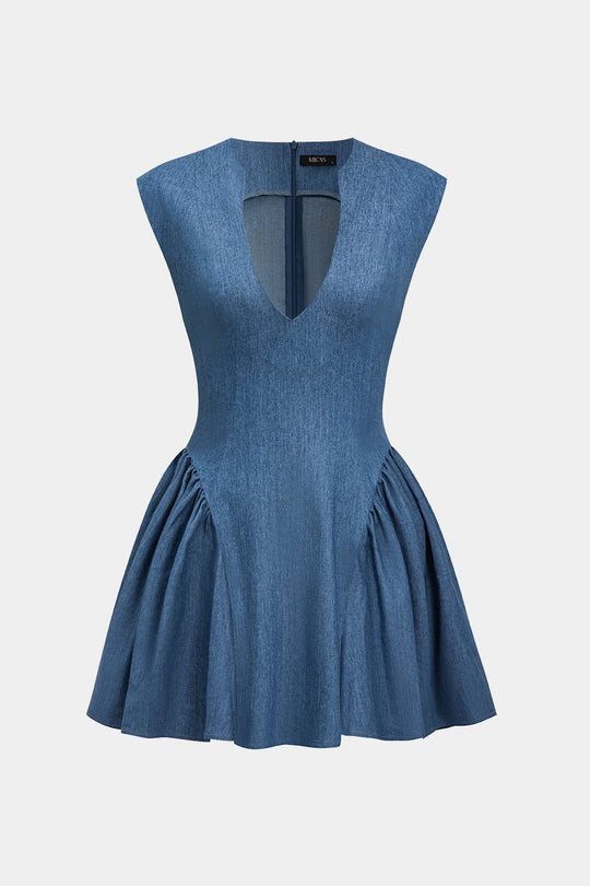 Effen Rimpel V-hals Denim Jurk