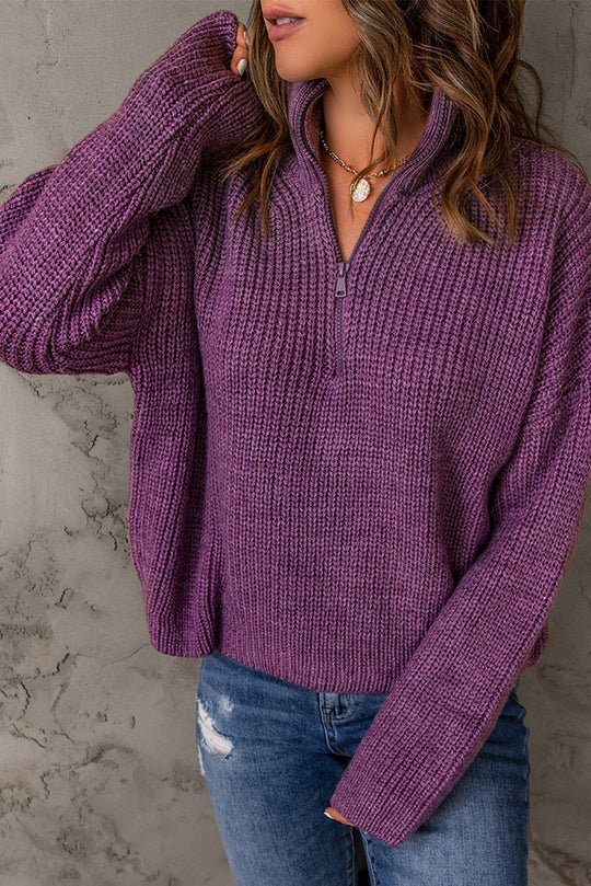 Dames Half Zip Rib-Knit Trui | Verlaagde Schouder | Hoge Hals
