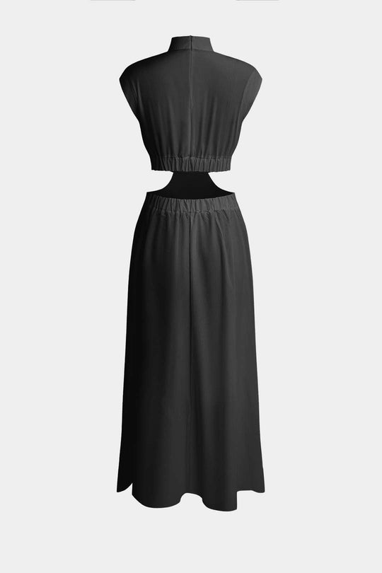 Mock Neck Cut Out Plissé Maxi Jurk