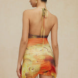 Abstracte Print Halter Cowl Neck Split Mini Jurk