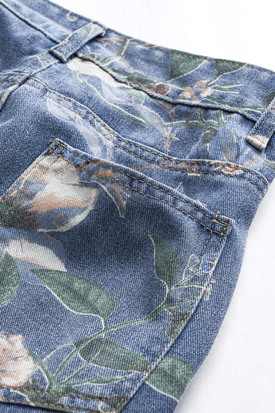 Retro Bloemenprint Denim Knopenzak Brede Pijpen Jeans