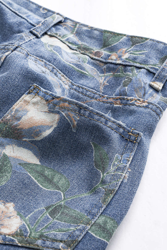 Retro Bloemenprint Denim Knopenzak Brede Pijpen Jeans