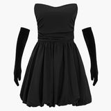 Gerimpelde Strapless Mini Jurk Met Handschoenen