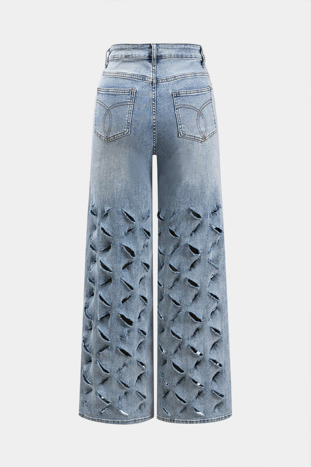 Gescheurde Cut Out Knop Pocket Wijde Pijpen Jeans