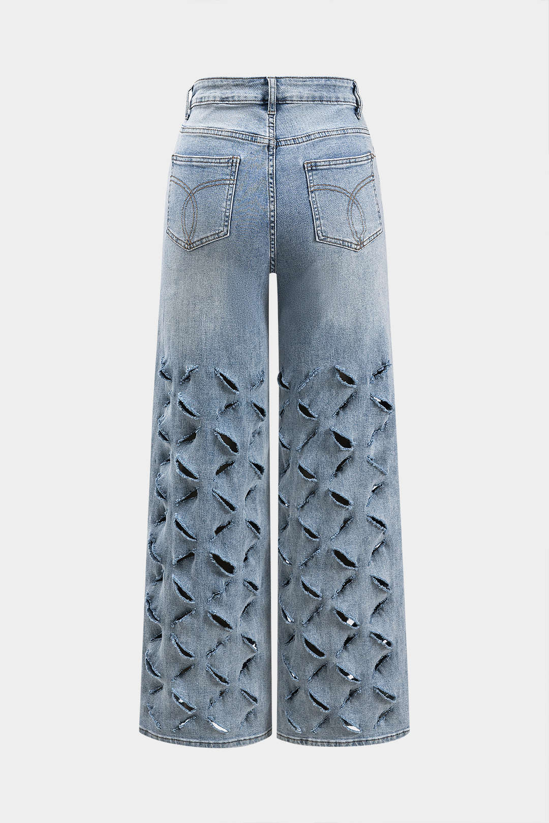 Gescheurde Cut Out Knop Pocket Wijde Pijpen Jeans