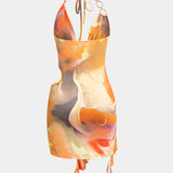 Abstracte Print Halter Cowl Neck Split Mini Jurk
