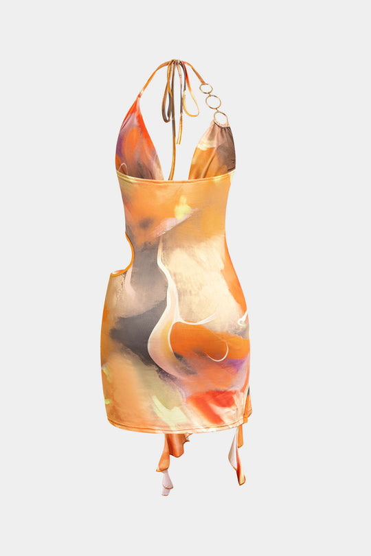 Abstracte Print Halter Cowl Neck Split Mini Jurk