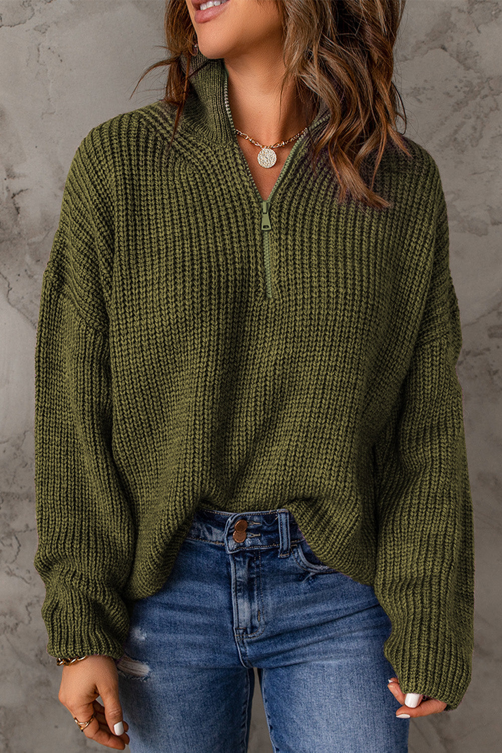 Dames Half Zip Rib-Knit Trui | Verlaagde Schouder | Hoge Hals