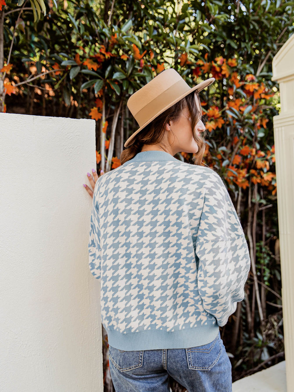Houndstooth Geribbelde Trim Sweater | Lange Mouwen | Casual Trui met Verlaagde Schouders