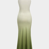 Satin Ombre Print V-Hals Rimpel Mouwloze Maxi Jurk