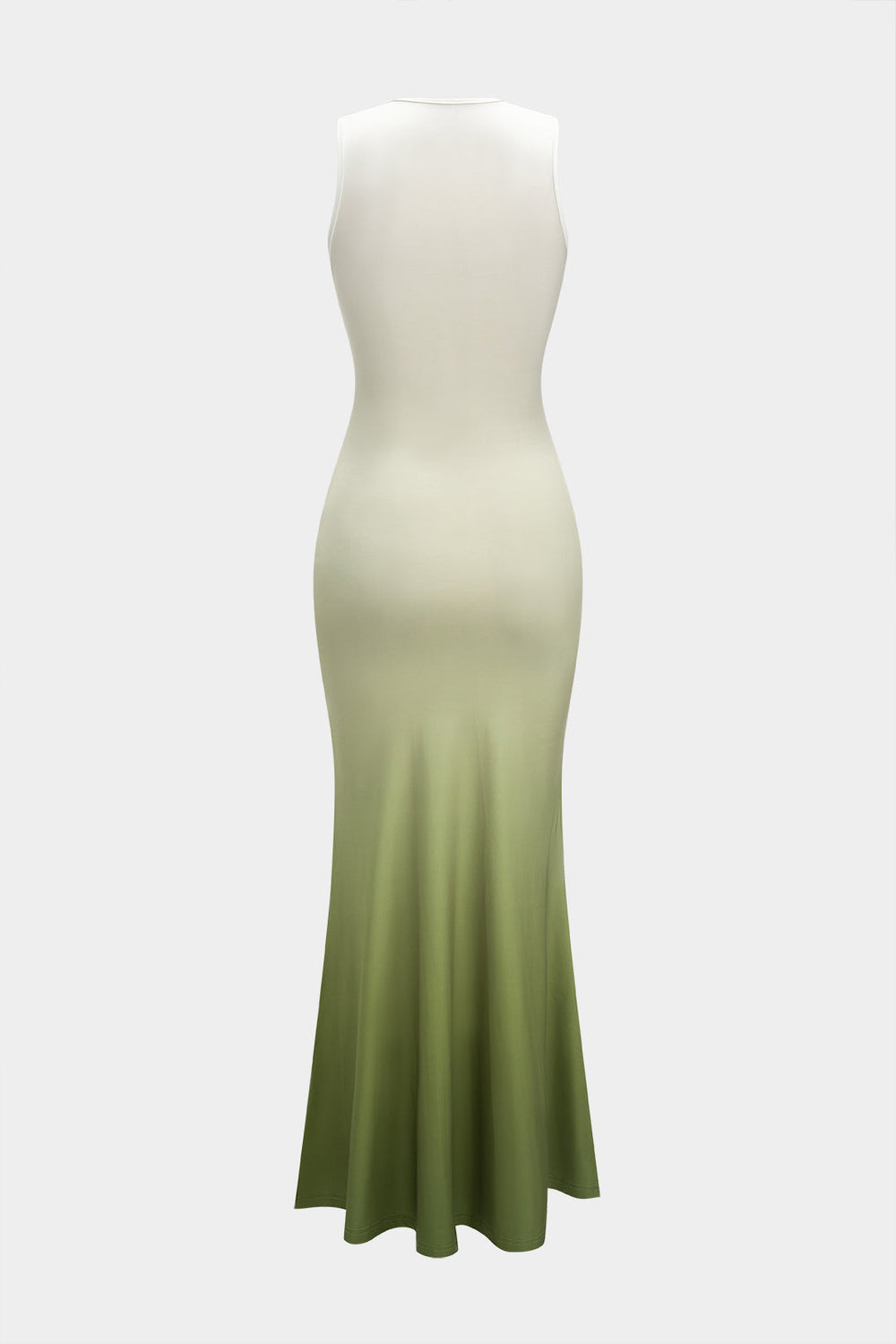 Satin Ombre Print V-Hals Rimpel Mouwloze Maxi Jurk