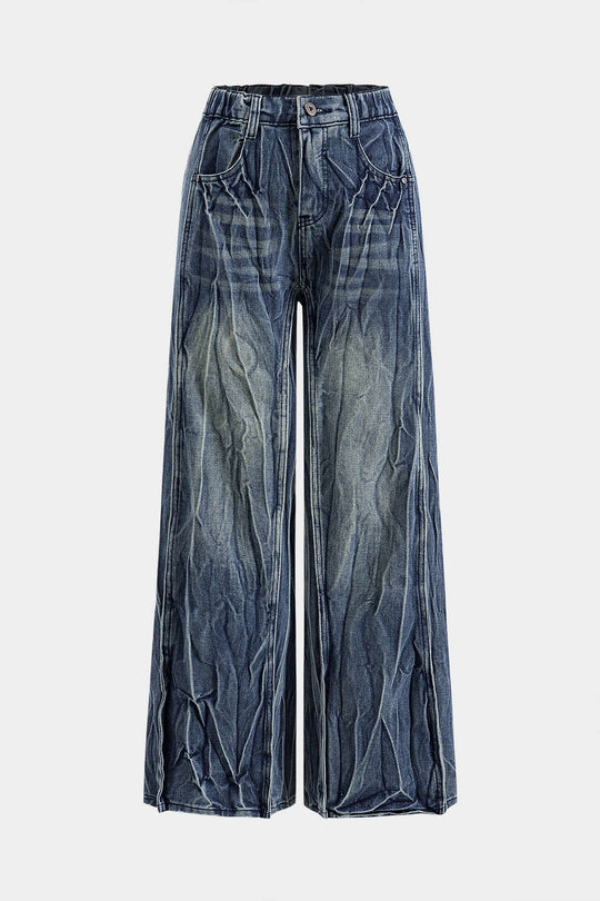 Denim Wijde Pijpen Gerimpelde Jeans