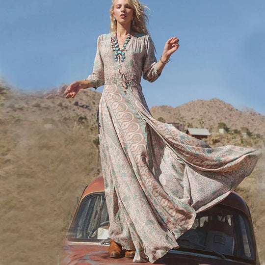 Dames Maxi Jurk | Bohemian Paisley Print | Volumineuze Mouwen & Hoge Split