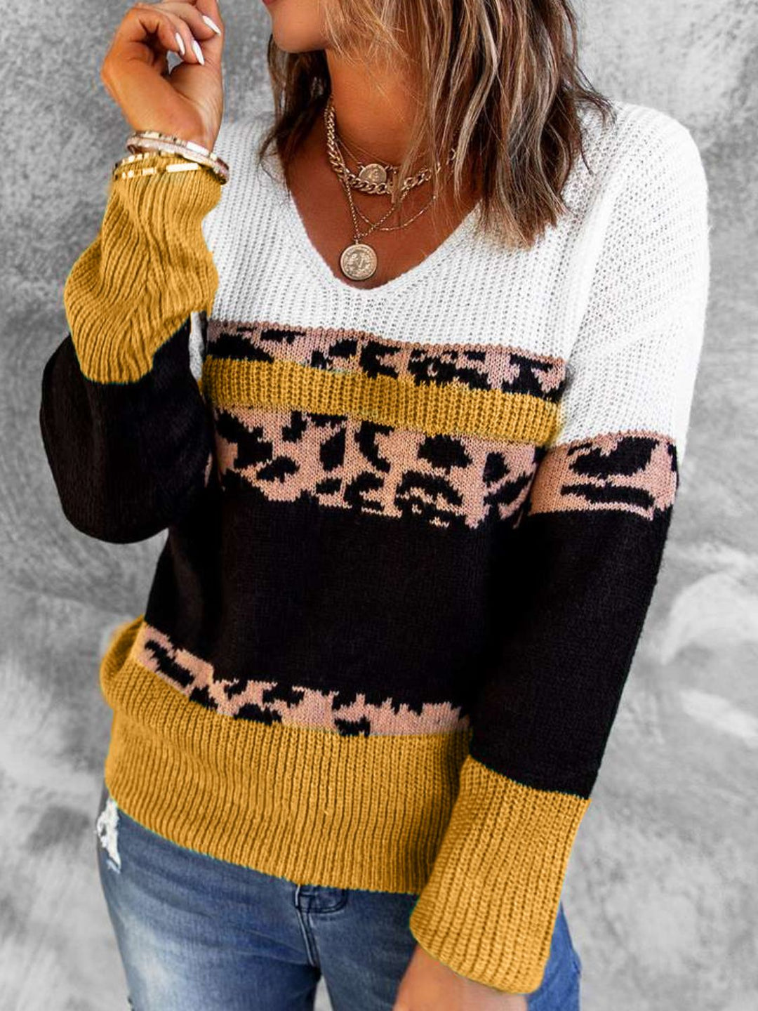 Luipaard Kleurblok V-Hals Ribbelsweater | Lange Mouwen | Casual Gezellige Trui