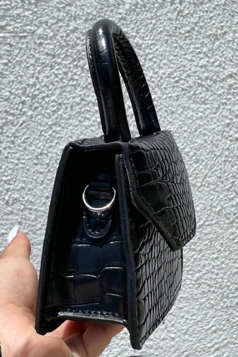 Zwarte Geperste Crocodillenprint Mini Schoudertas – Chic & Gestructureerd