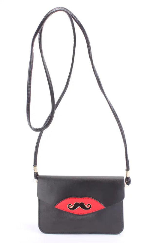 Zwarte Clutch/Handtas met Hoed- en Snorprint – Stijlvol en Opvallend