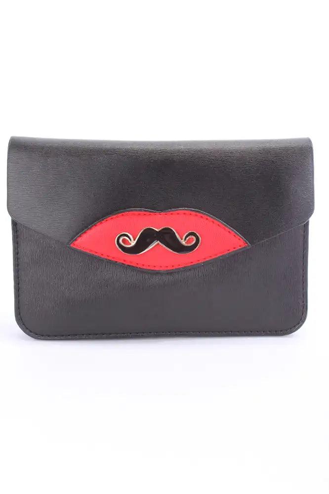 Zwarte Clutch/Handtas met Hoed- en Snorprint – Stijlvol en Opvallend
