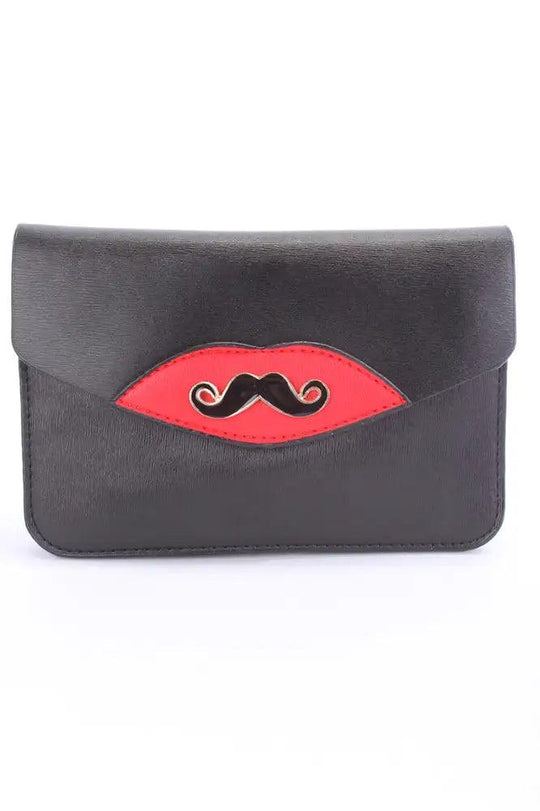 Zwarte Clutch/Handtas met Hoed- en Snorprint – Stijlvol en Opvallend