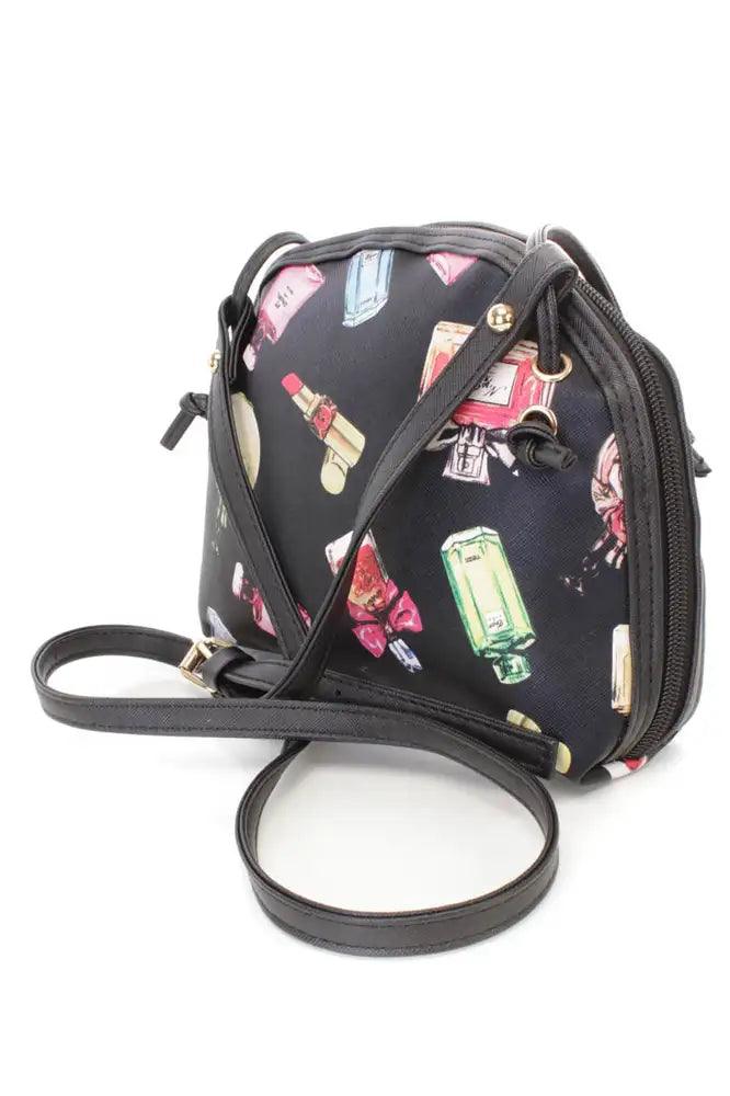 Zwarte Parfumprint Mini Nepleren Handtas – Elegant met een Knipoog