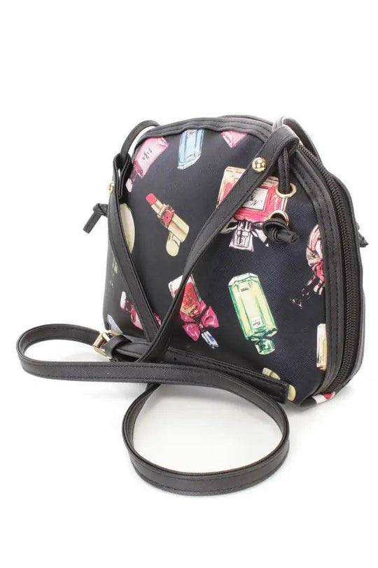 Zwarte Parfumprint Mini Nepleren Handtas – Elegant met een Knipoog