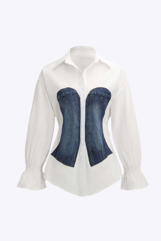 Harper - Moderne Patchwork Detail Dames Corset Langemouwen Shirt