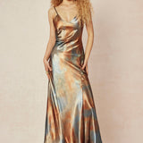 Tie Dye V-hals Satijnen Maxi Jurk
