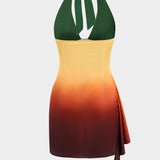 Ombre Print Satijnen Rimpel Tie Up Rugloze Mini Jurk