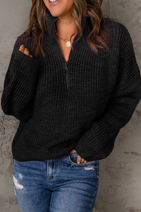 Dames Half Zip Rib-Knit Trui | Verlaagde Schouder | Hoge Hals