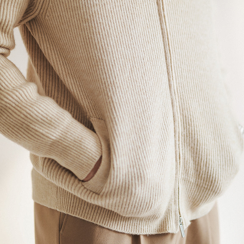 Heren Slim Fit Rits Cardigan met Geribbelde Textuur en Staande Kraag