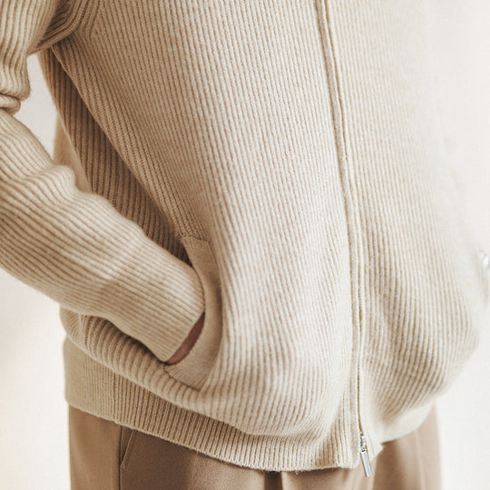 Heren Slim Fit Rits Cardigan met Geribbelde Textuur en Staande Kraag