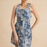 Bloemenpatroon Knop Denim Jurk