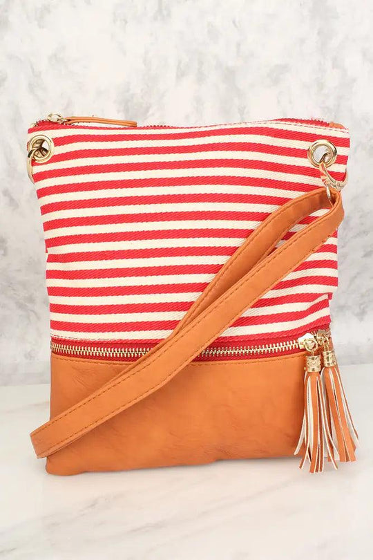 Camel Rode Gestreepte Faux Leren Schouderhandtas